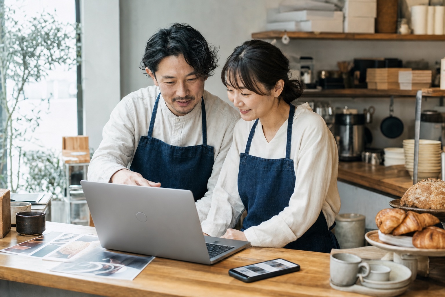Kobe café owners reviewing their website together