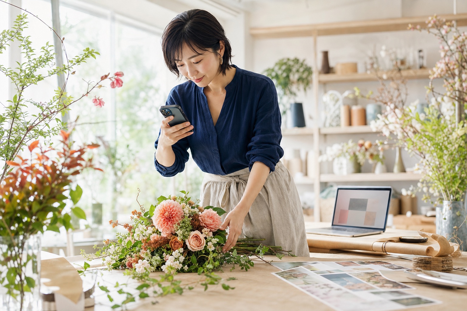 Kobe florist preparing visual content with a smartphone and photographs