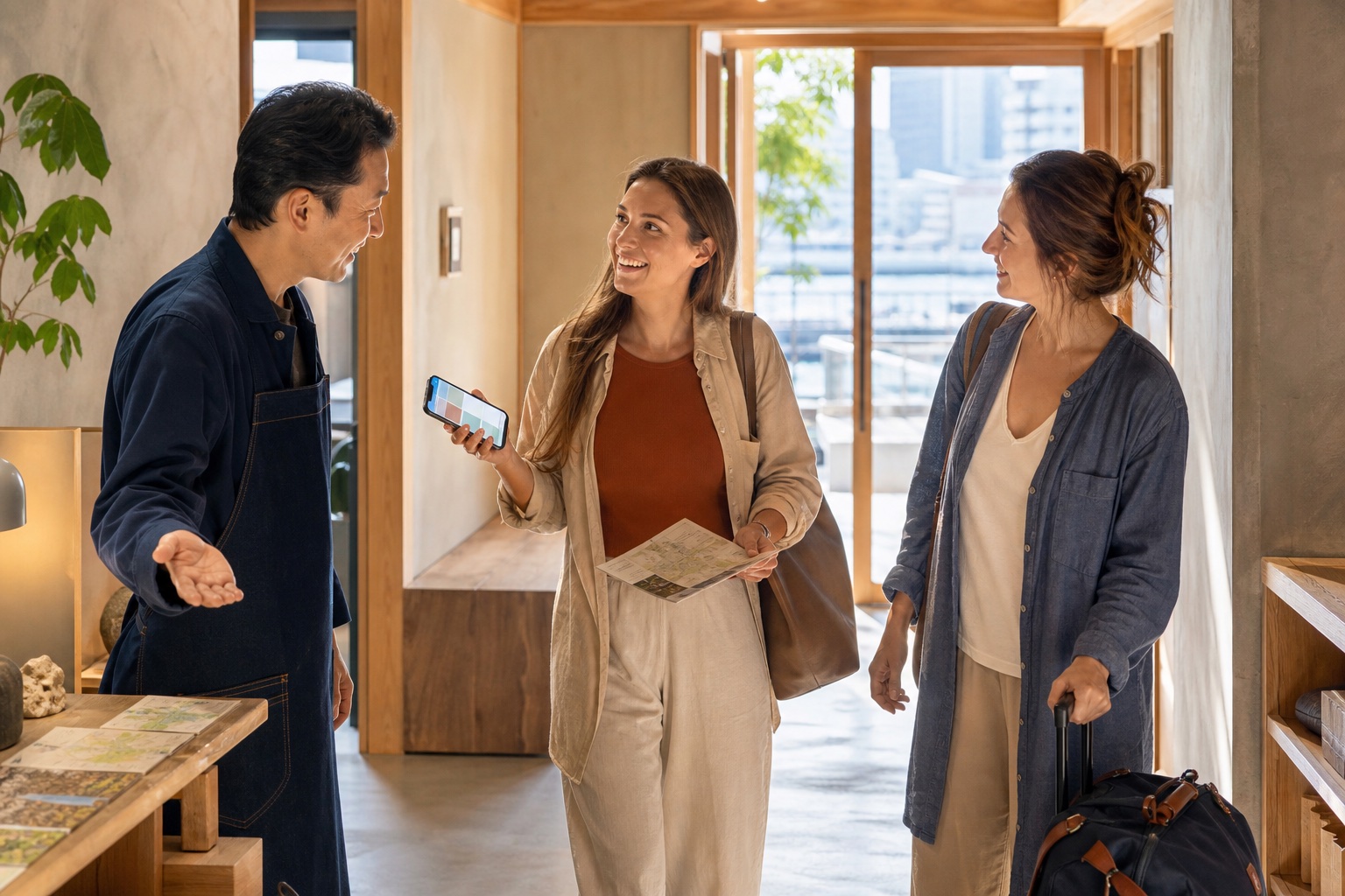 Kobe hospitality staff showing digital information to international guests